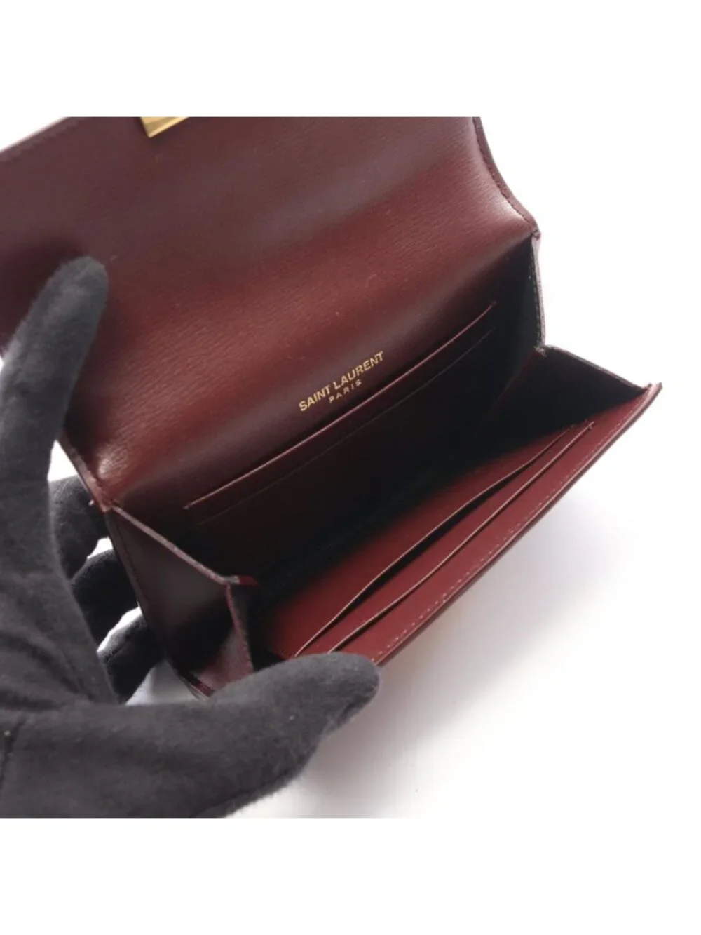 Saint Laurent Paris Card Case Bordeaux Leather Compact - Picture 3 of 10